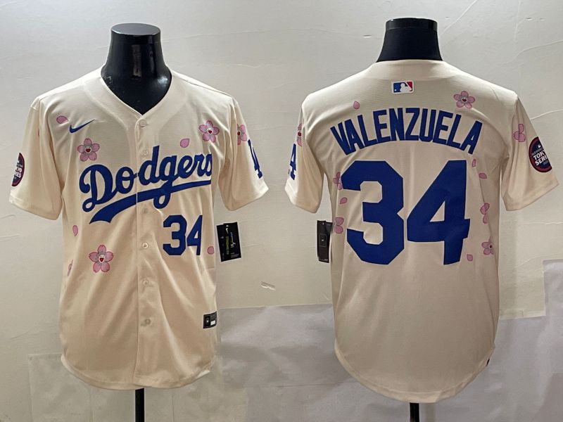 Men Los Angeles Dodgers #34 Valenzuela Cream White Blue Sakura Edition 2025 Nike MLB Jersey style 4->los angeles dodgers->MLB Jersey